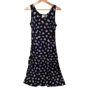 Vintage Rayon Scoop Neck Sleeveless Tank Midi Dress Scoop Neck Floral Black